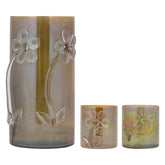 Set Van 3 Windlichten Allya Glas Bloem van PTMD, de complete set met alle drie de lichtjes naast elkaar op witte achtergrond