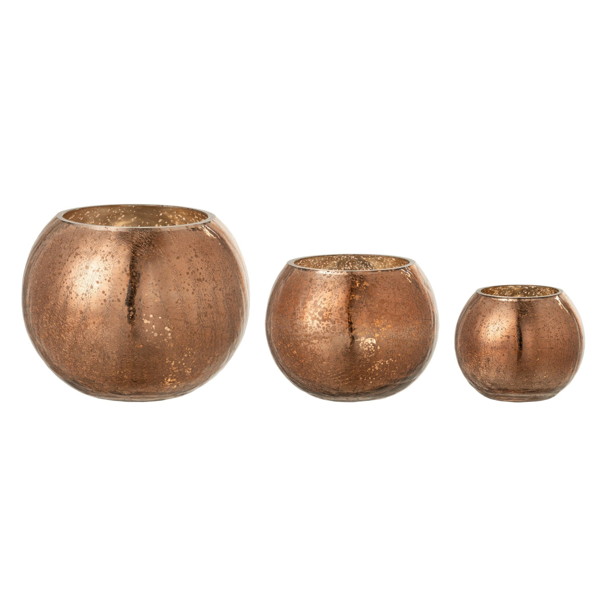 Set Van 3 Windlichten Craquelé Glas Parelmoer Brons van J-Line, de complete set met alle drie de windlichten naast elkaar op witte achtergrond