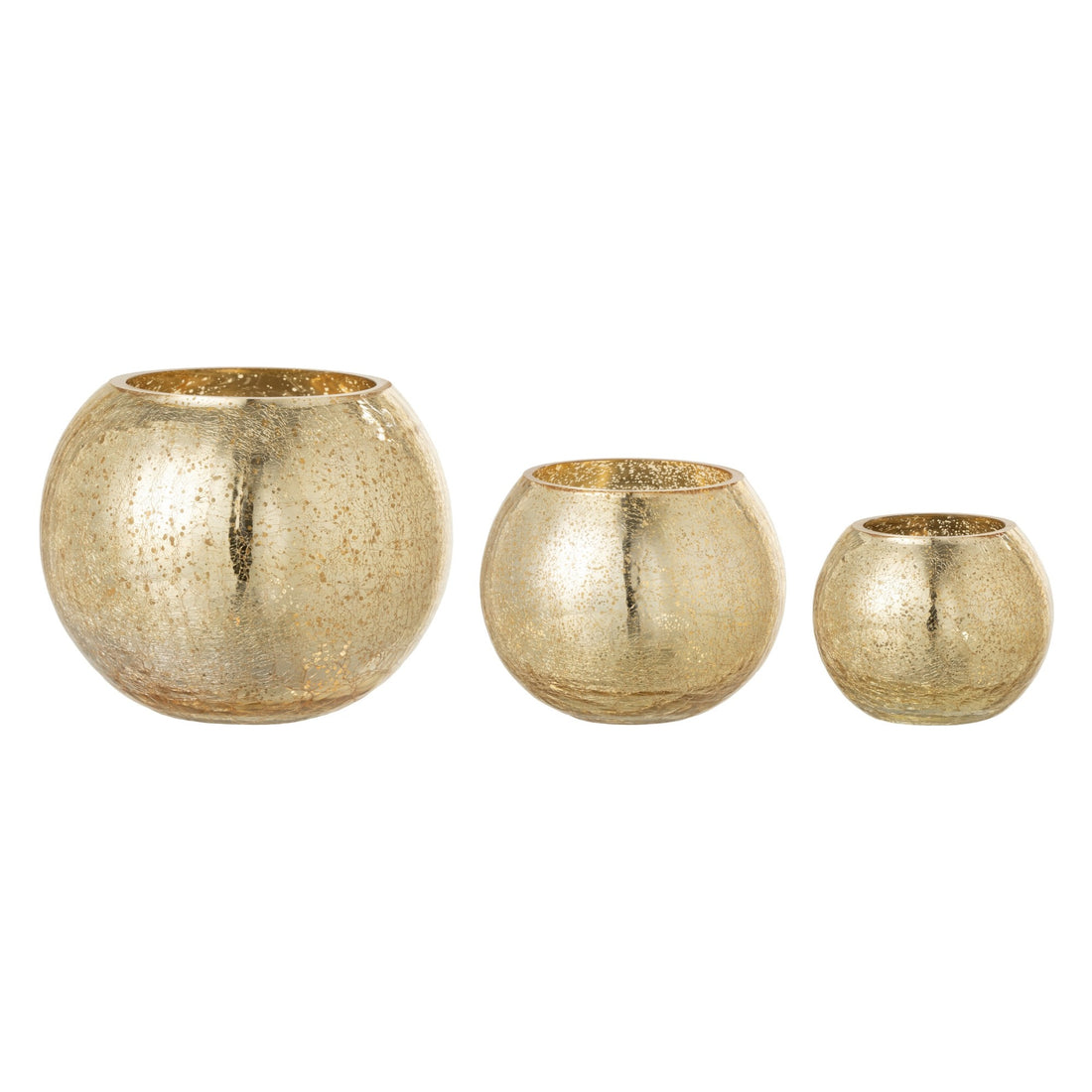 Set Van 3 Windlichten Craquelé Glas Parelmoer Goud van J-Line, de complete set met alle drie de windlichten naast elkaar op witte achtergrond