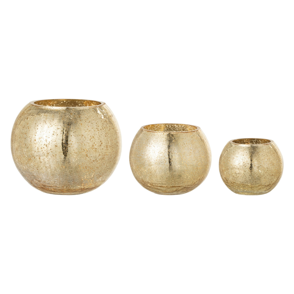 Set Van 3 Windlichten Craquelé Glas Parelmoer Goud van J-Line, de complete set met alle drie de windlichten naast elkaar op witte achtergrond