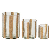 Set Van 3 Windlichten Lea Cilinder Gestreept Glas Goud van J-Line, de complete set met alle drie de windlichten naast elkaar op witte achtergrond