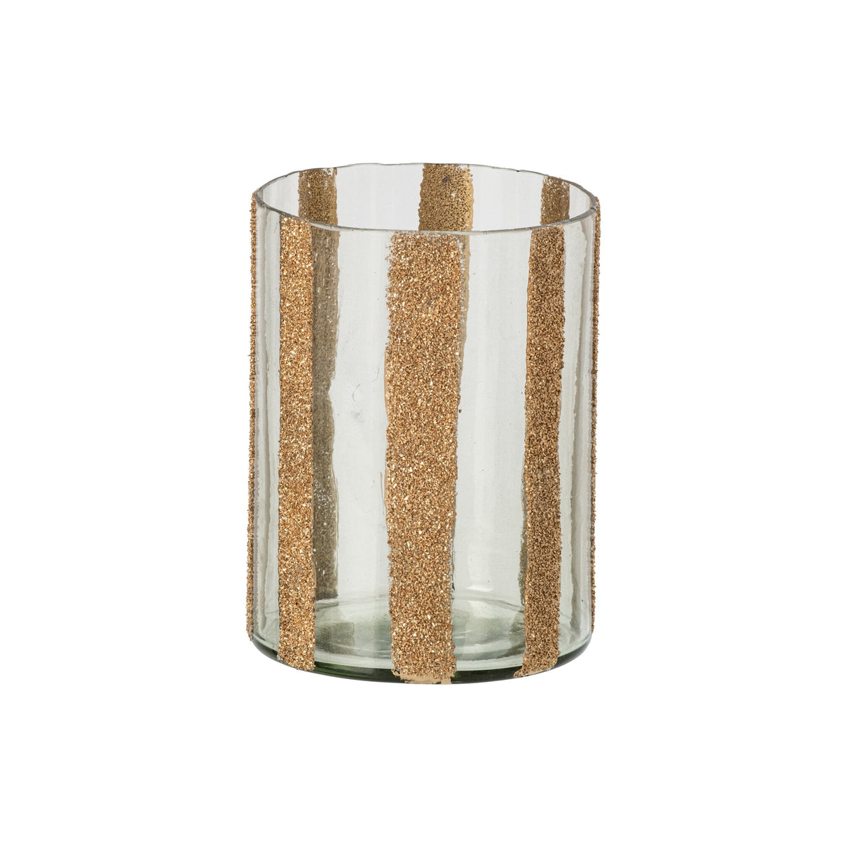 Windlicht Lea Cilinder Gestreept Glas Goud Large van J-Line, onderdeel van de Set Van 3 Windlichten Lea Cilinder Gestreept Glas Goud, op witte achtergrond