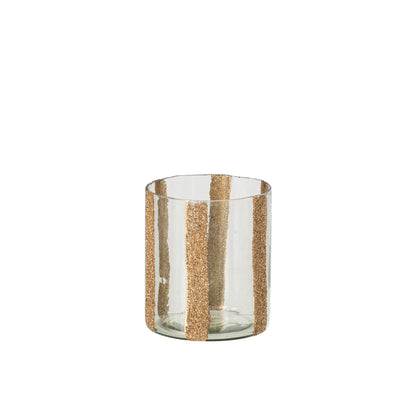 Windlicht Lea Cilinder Gestreept Glas Goud Medium van J-Line, onderdeel van de Set Van 3 Windlichten Lea Cilinder Gestreept Glas Goud, op witte achtergrond
