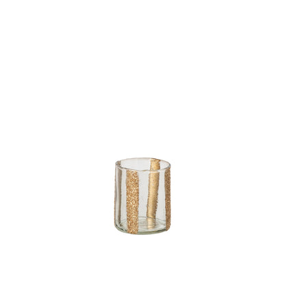 Windlicht Lea Cilinder Gestreept Glas Goud Small van J-Line, onderdeel van de Set Van 3 Windlichten Lea Cilinder Gestreept Glas Goud, op witte achtergrond