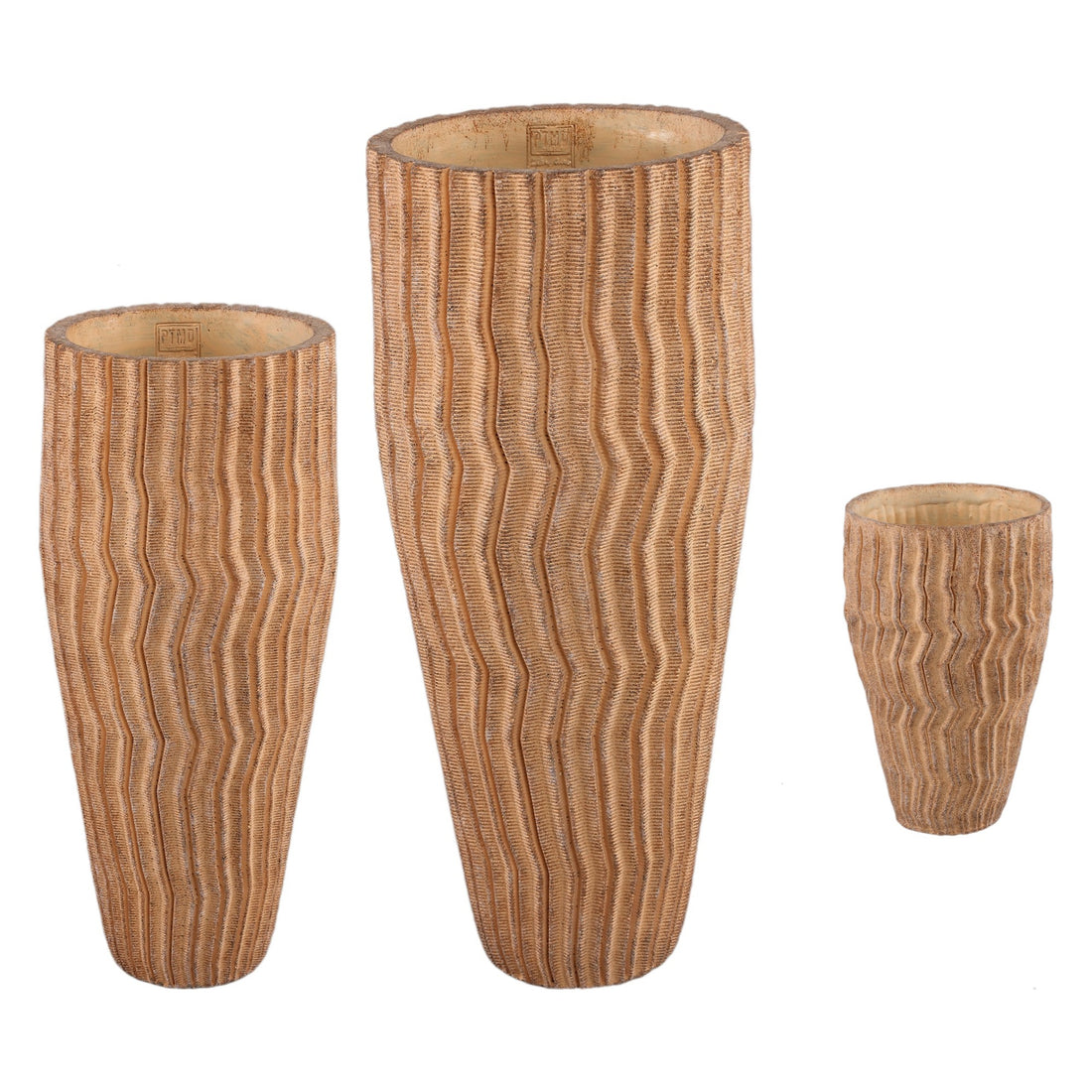 Set Van 3 Zanaya Potten Lichtbruin Cement van PTMD, de complete set met alle drie de potten naast elkaar op witte achtergrond