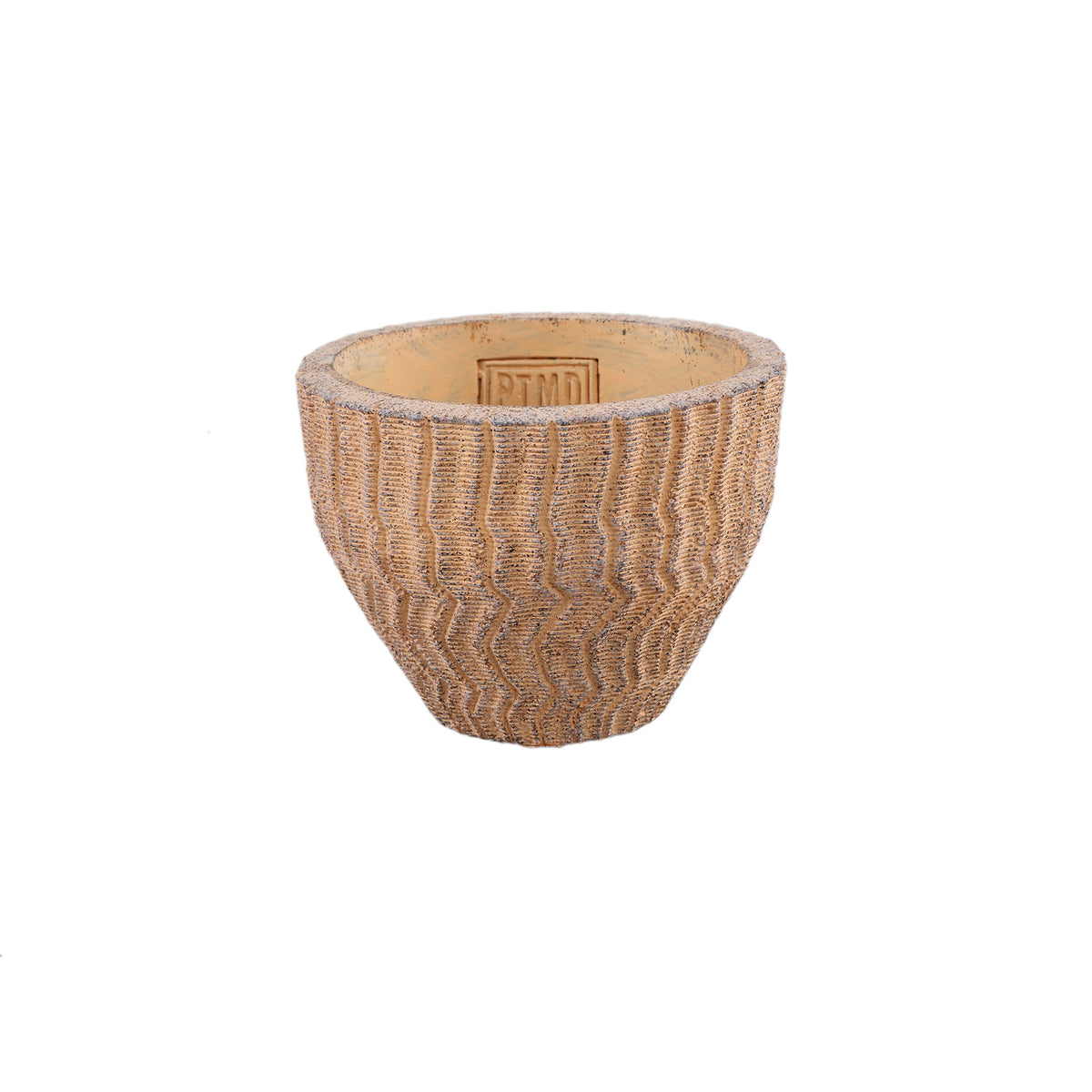 Kleine lage pot Zanaya van PTMD in lichtbruin cement, Ø12cm
