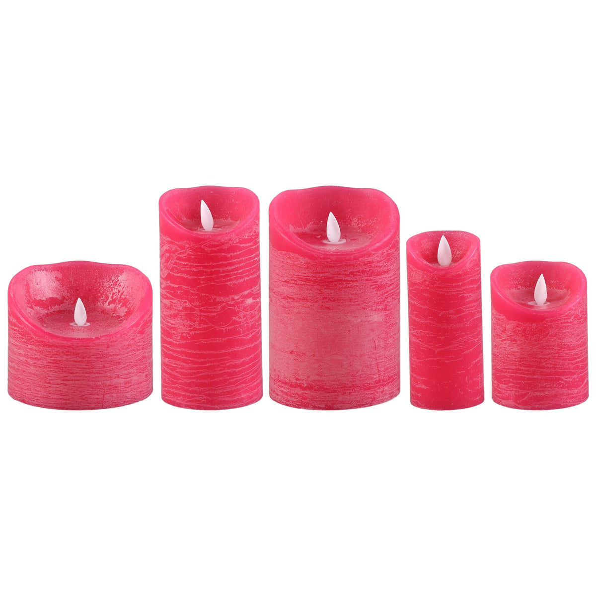 Set van 5 LED kaarsen Bright Pink van PTMD, de complete set met alle vijf de kaarsen naast elkaar op witte achtergrond