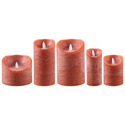 Set van 5 LED kaarsen Rust Orange van PTMD, de complete set met alle vijf de kaarsen naast elkaar op witte achtergrond