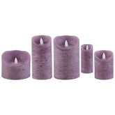Set van 5 LED kaarsen Rustic Lilac van PTMD, de complete set met alle vijf de kaarsen naast elkaar op witte achtergrond