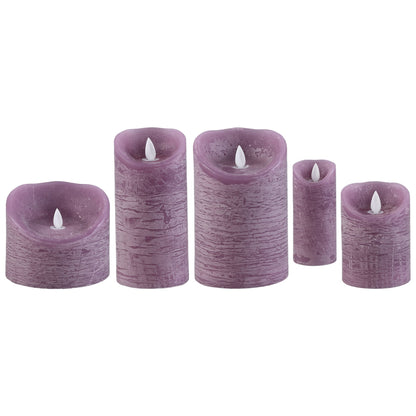 Set van 5 LED kaarsen Rustic Lilac van PTMD, de complete set met alle vijf de kaarsen naast elkaar op witte achtergrond