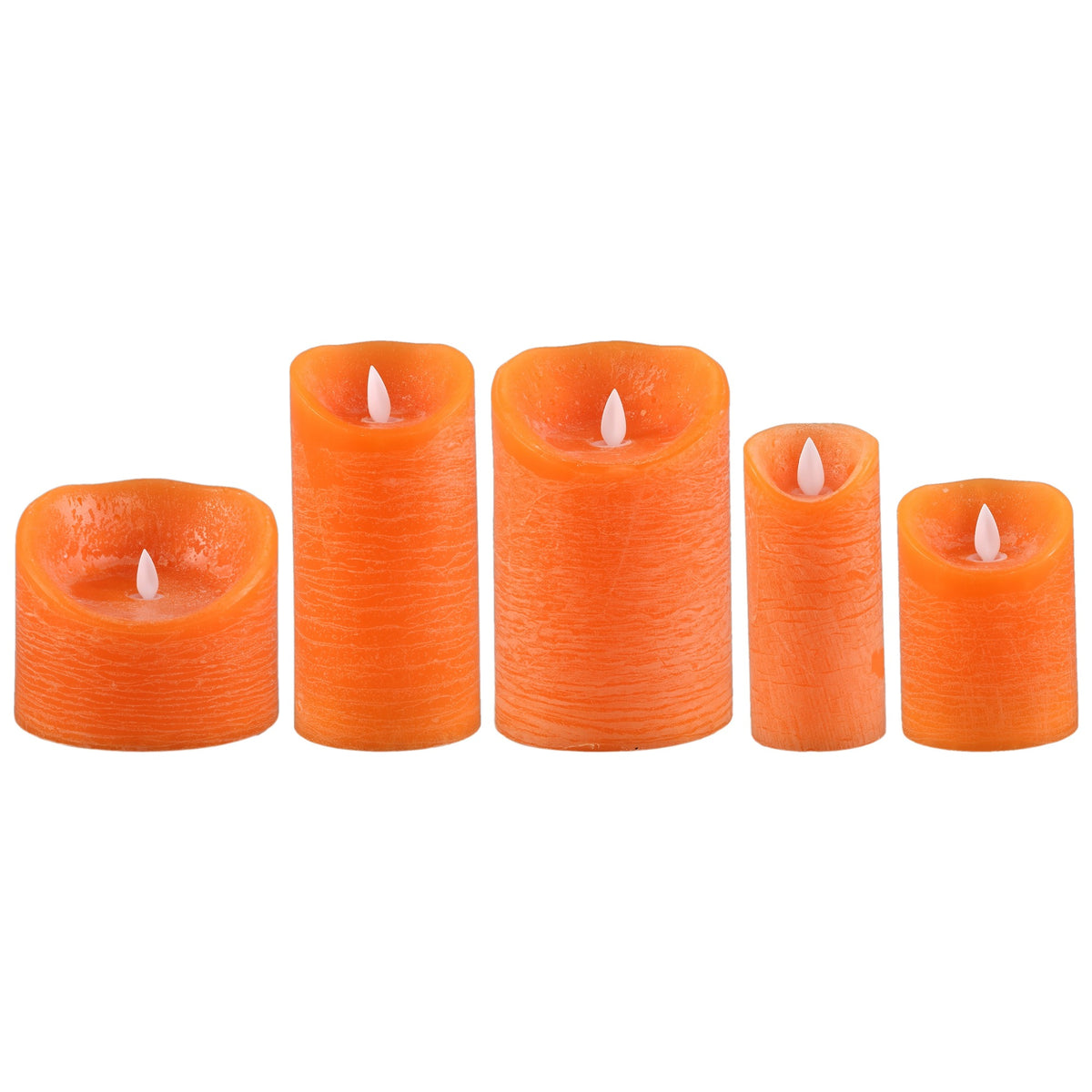 Set van 5 LED kaarsen Rustic Orange van PTMD, de complete set met alle vijf de kaarsen naast elkaar op witte achtergrond