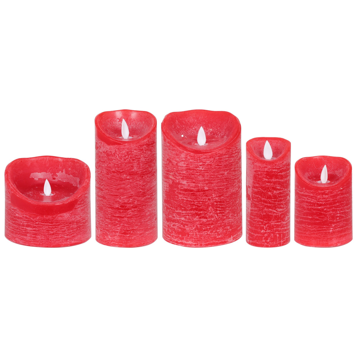 Set van 5 LED kaarsen Rustic Red van PTMD, de complete set met alle vijf de kaarsen naast elkaar op witte achtergrond