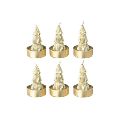 Zes gouden mini kerstboom kaarsjes van J-Line in gouden houdertjes