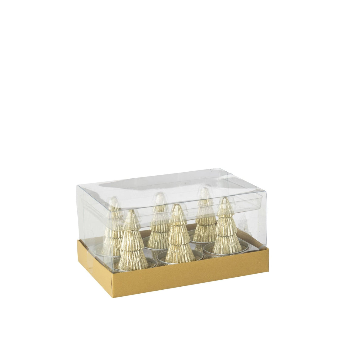 Doosje met zes gouden mini kerstboom kaarsjes van J-Line in de verpakking