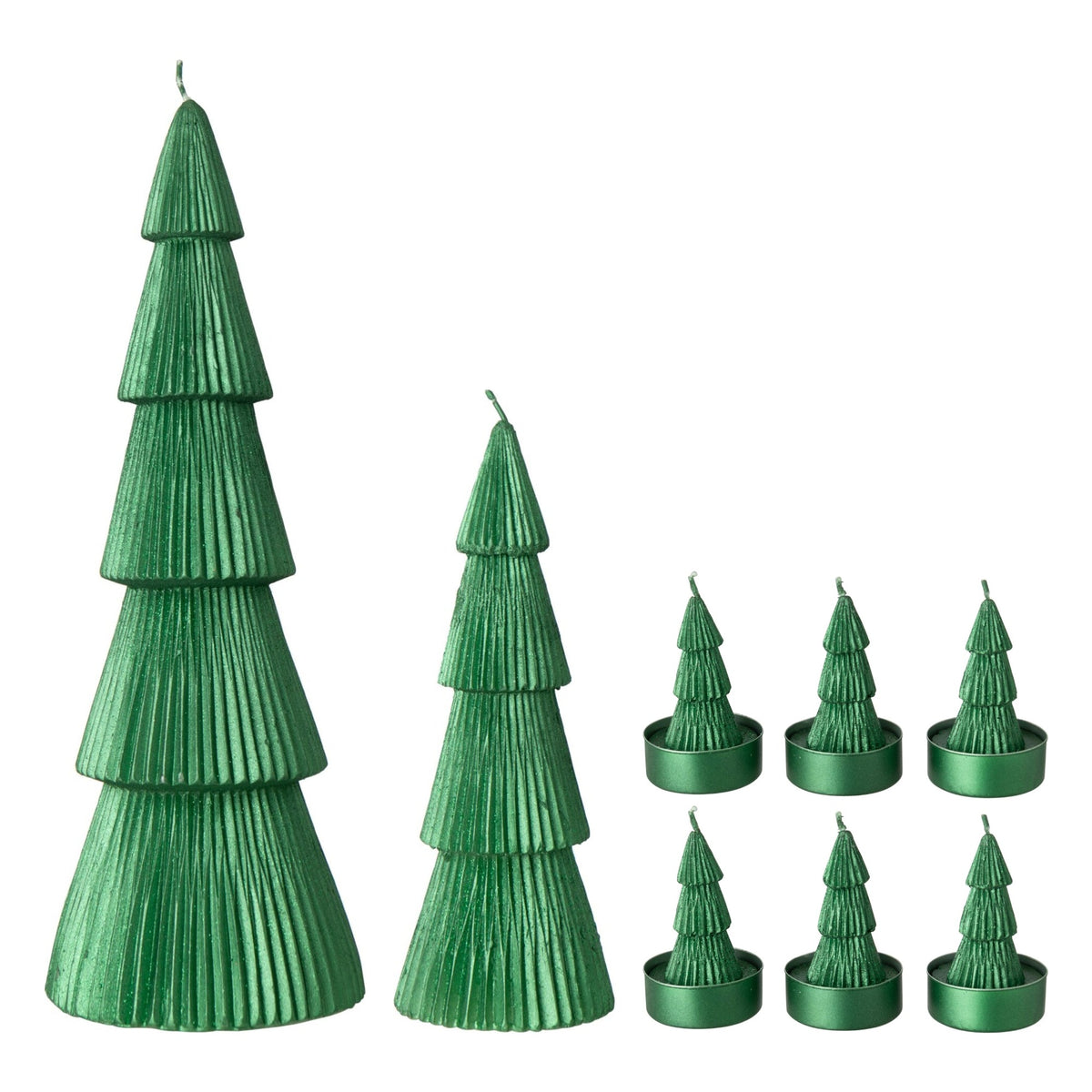 Set Van 8 Kerstboomkaarsen Groen van J-Line, de complete set met beide kaarsen en de zes kaarsjes