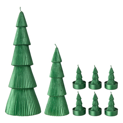 Set Van 8 Kerstboomkaarsen Groen van J-Line, de complete set met beide kaarsen en de zes kaarsjes