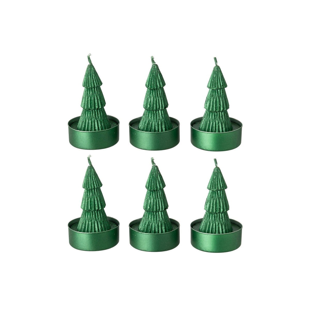 Zes groene mini kerstboom kaarsjes van J-Line in groene houdertjes
