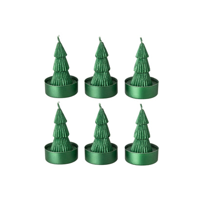 Zes groene mini kerstboom kaarsjes van J-Line in groene houdertjes
