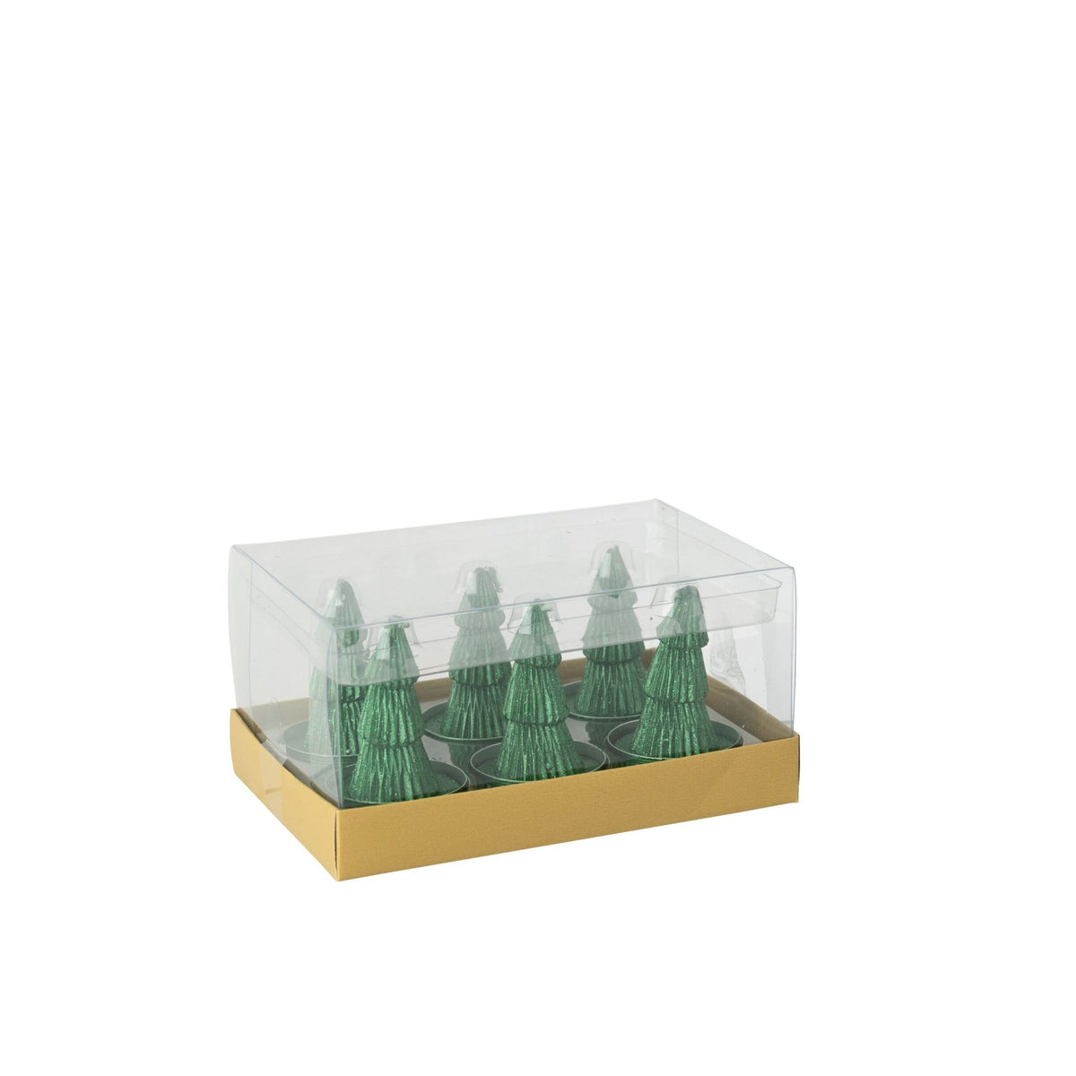 Doosje met zes groene mini kerstboom kaarsjes van J-Line in de verpakking