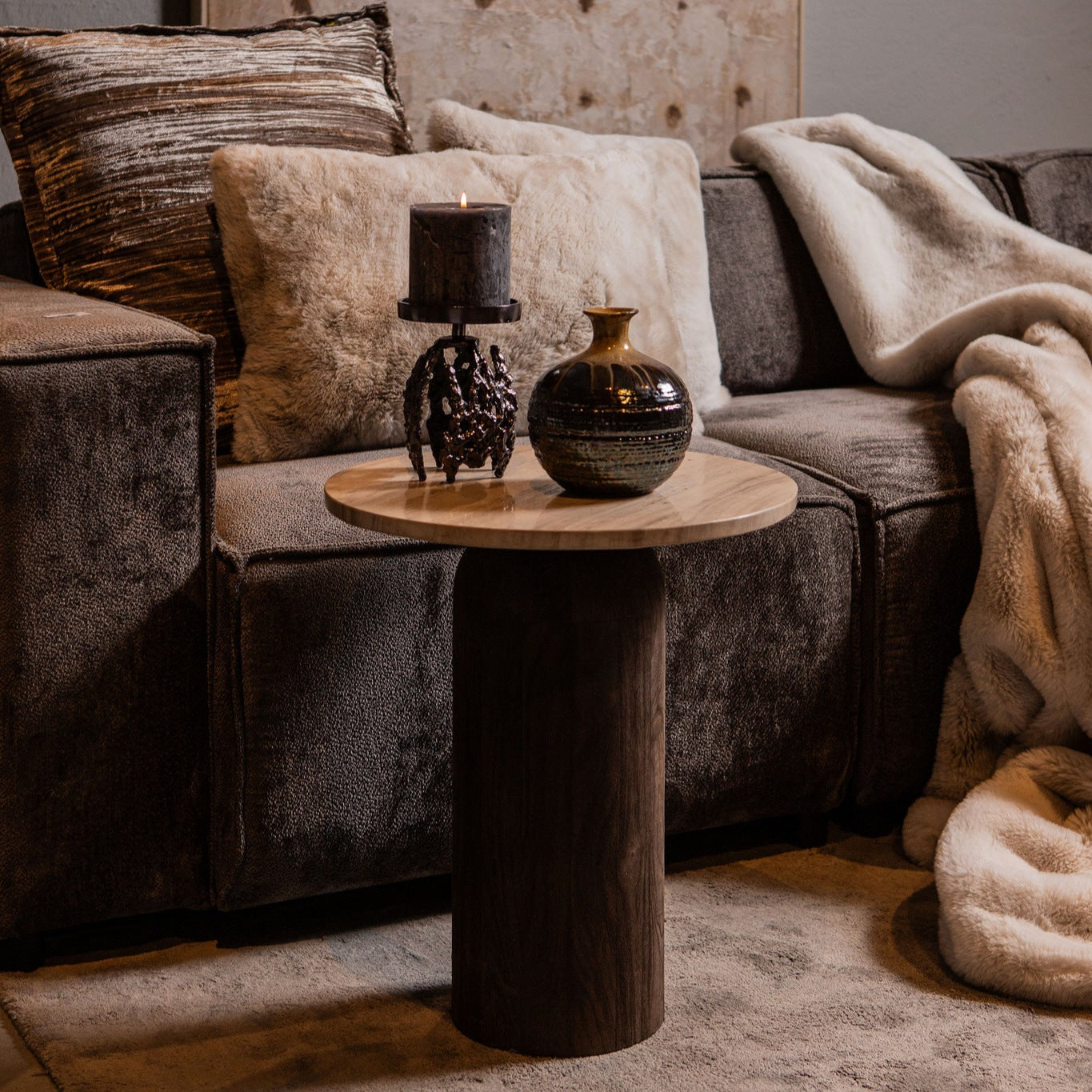 Sidetabel Liora Bruin Mangohout Marmer Rond Ø50 PTMD - Sidetable - PTMD - livinglovely.nl