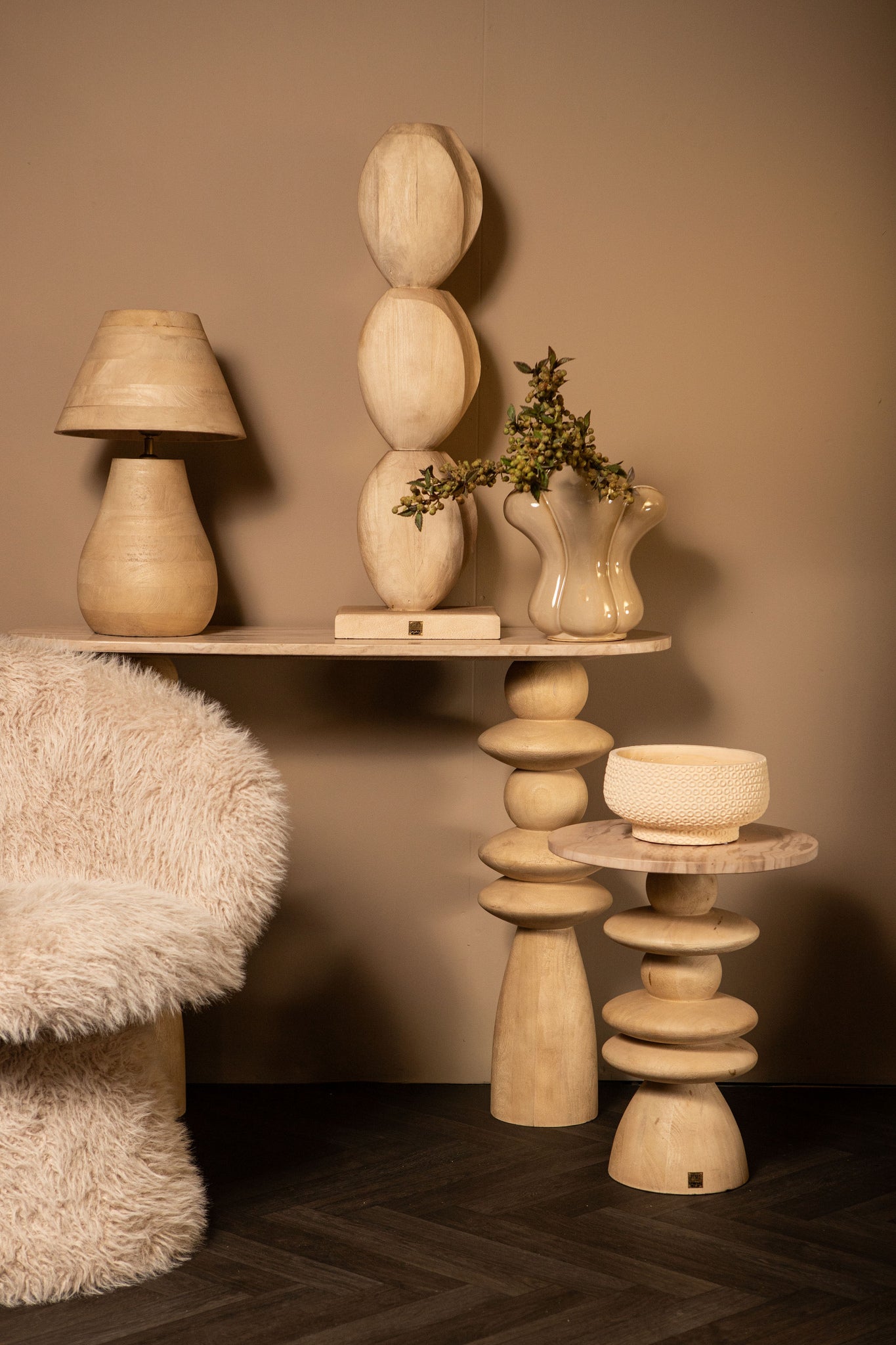 Sidetable Callain Natural Mango Wood Marble Ovaal PTMD - Sidetable - PTMD - livinglovely.nl