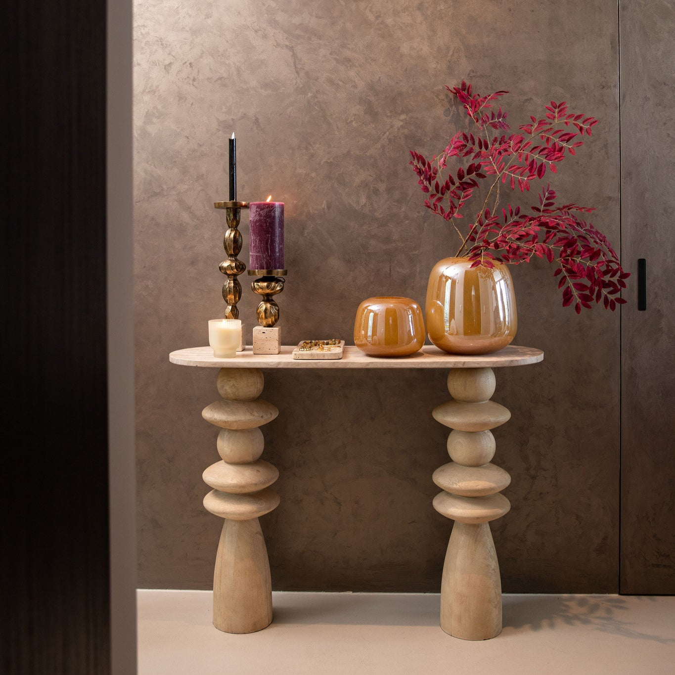 Sidetable Callain Natural Mango Wood Marble Ovaal PTMD - Sidetable - PTMD - livinglovely.nl