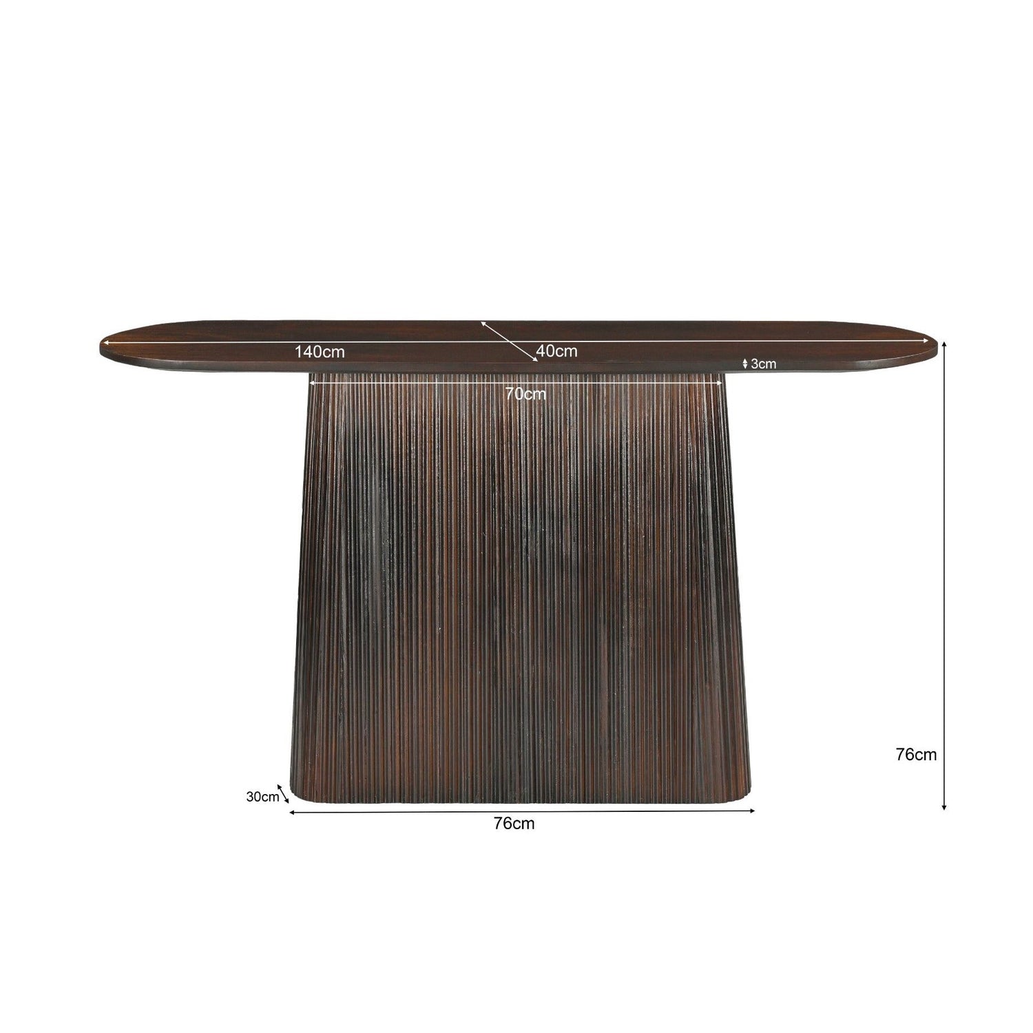 Maatschets van de Salvator sidetable, 140 bij 40 bij 76 cm