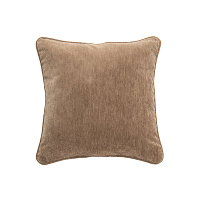 Sierkussen van J-Line in taupe fluweelachtige stof, vierkant kussen van 50 bij 50 cm met bies langs de rand