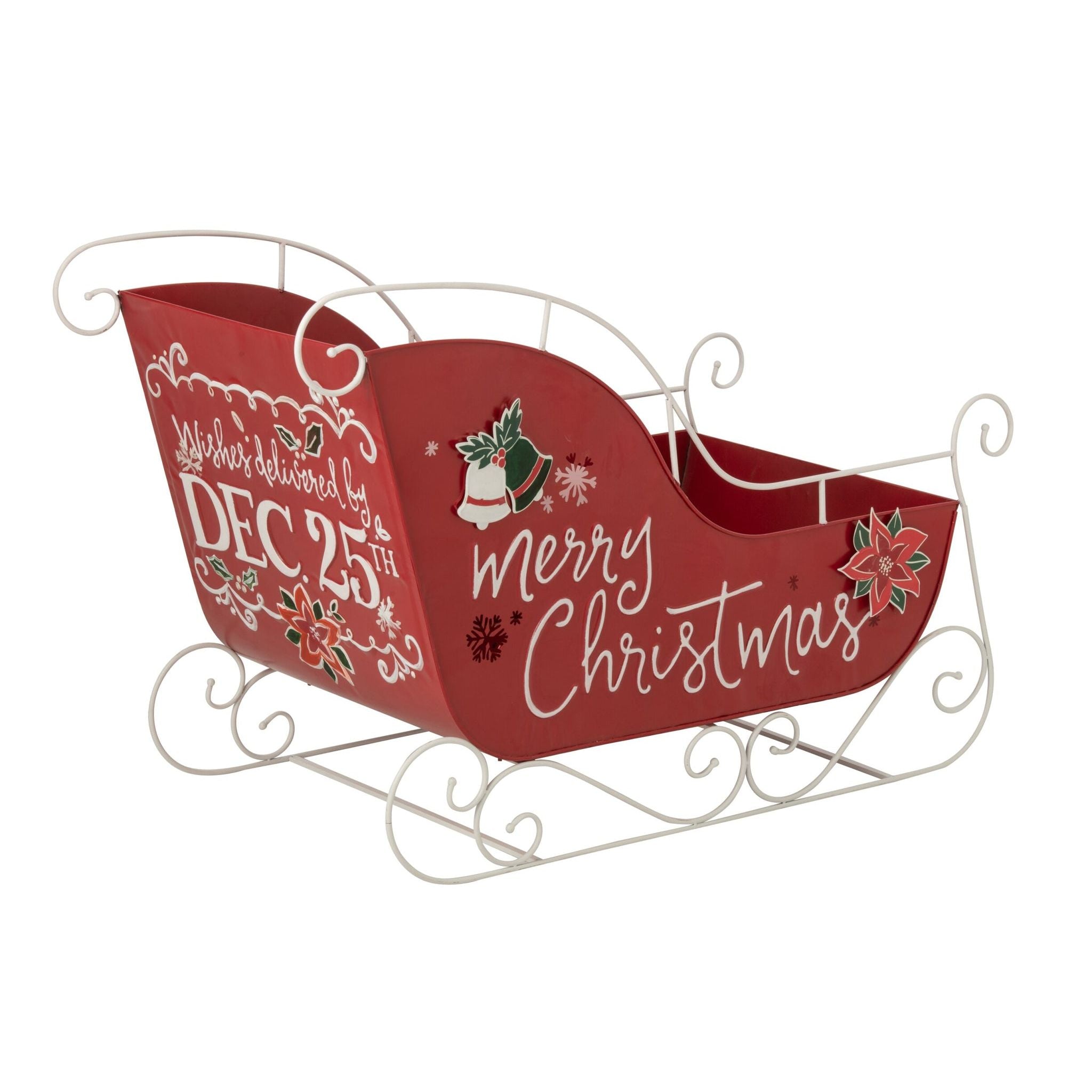 Rood met witte metalen slee van J-Line, kerstdecoratie van 120cm lang en 77.5cm hoog