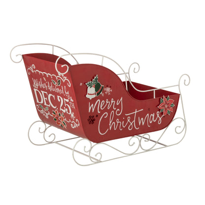Rood met witte metalen slee van J-Line, kerstdecoratie van 120cm lang en 77.5cm hoog