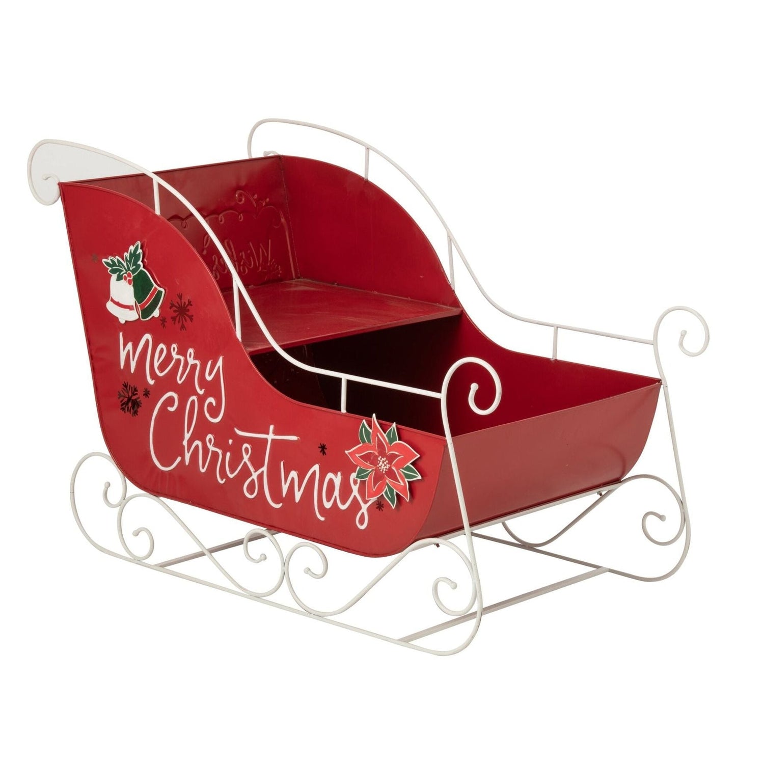 Metalen kerstslee van J-Line in rood met wit, geschikt voor hal, woonkamer of entree