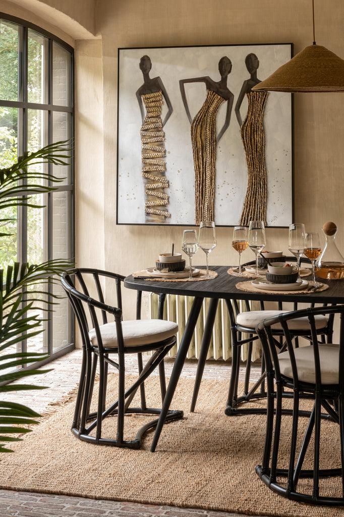 Stoel + Kussen Rotan/Textiel Zwart/Wit - Eetkamerstoel - J-Line - livinglovely.nl