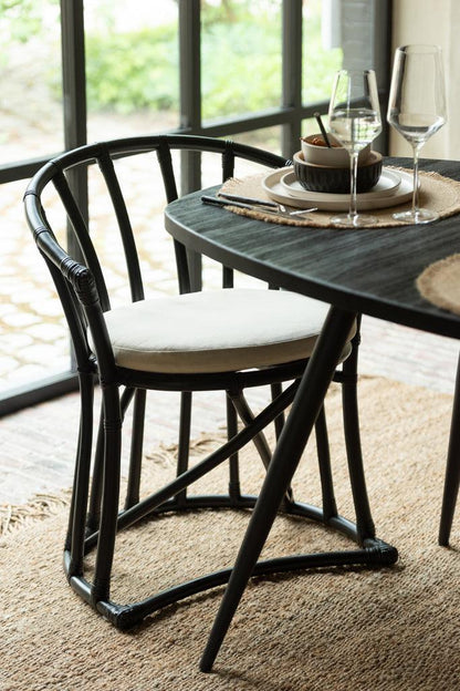 Stoel + Kussen Rotan/Textiel Zwart/Wit - Eetkamerstoel - J-Line - livinglovely.nl