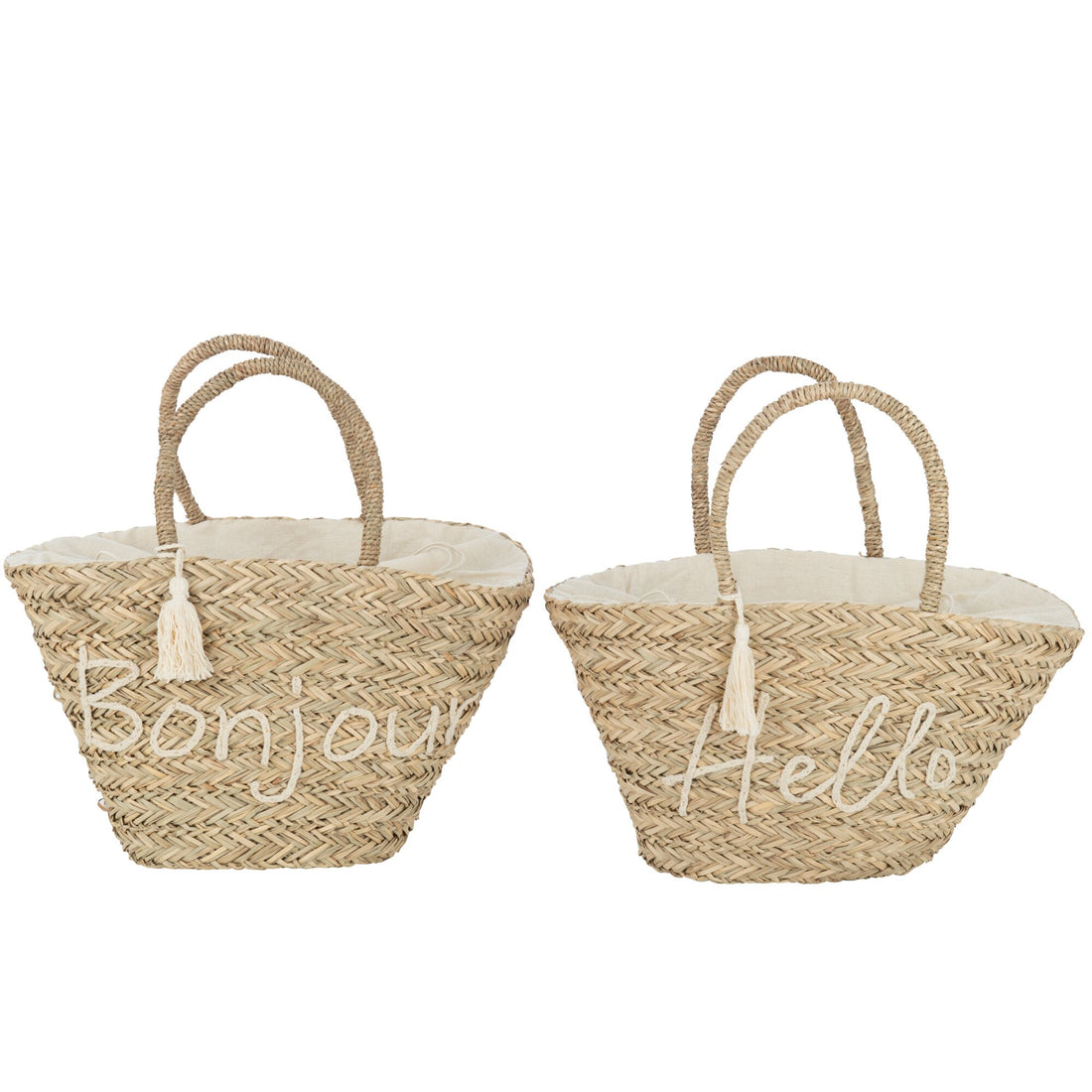 Strandtas Bonjour/Hello Kwast Jute Naturel/Wit Assortiment Van 2