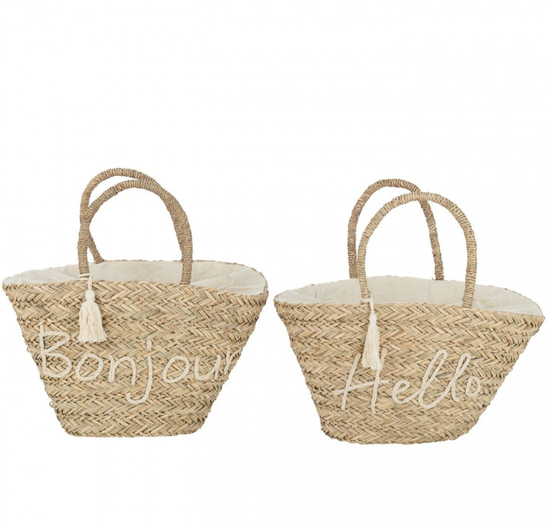Strandtas Bonjour/Hello Kwast Jute Naturel/Wit Assortiment Van 2 - Tas - J-Line - livinglovely.nl