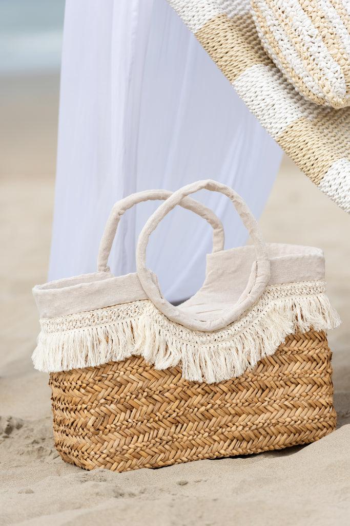 Strandtas Franjes Gevlochten Zeegras Nat/Creme - Tas - J-Line - livinglovely.nl