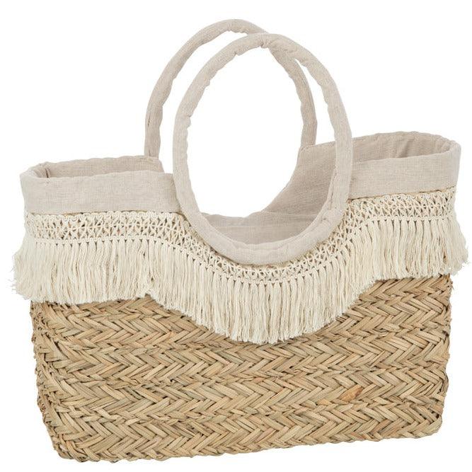 Strandtas Franjes Gevlochten Zeegras Nat/Creme - Tas - J-Line - livinglovely.nl
