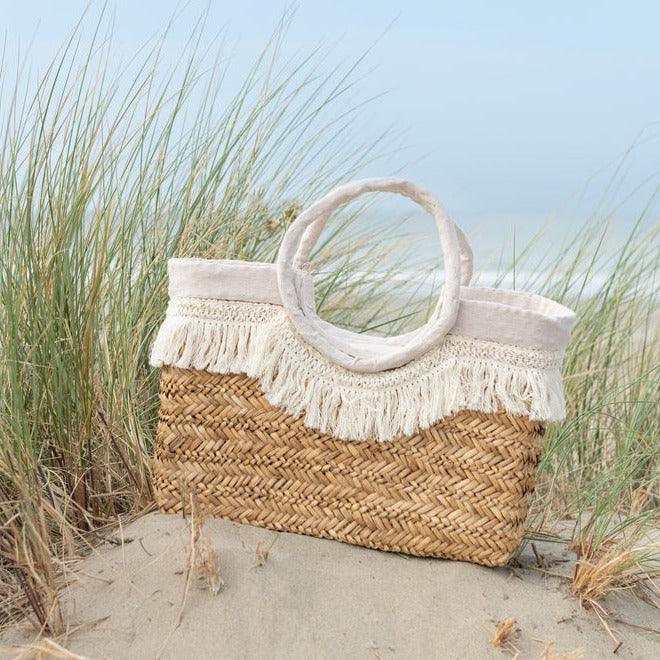 Strandtas Franjes Gevlochten Zeegras Nat/Creme - Tas - J-Line - livinglovely.nl