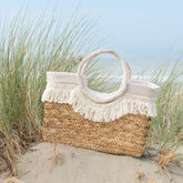 Strandtas Franjes Gevlochten Zeegras Nat/Creme - Tas - J-Line - livinglovely.nl