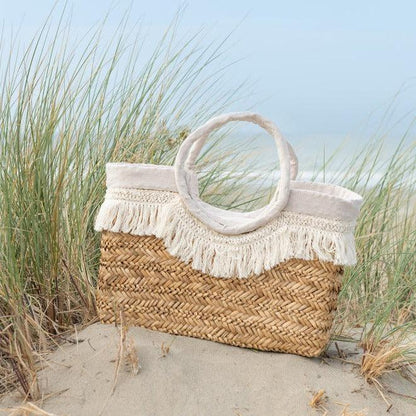 Strandtas Franjes Gevlochten Zeegras Nat/Creme - Tas - J-Line - livinglovely.nl