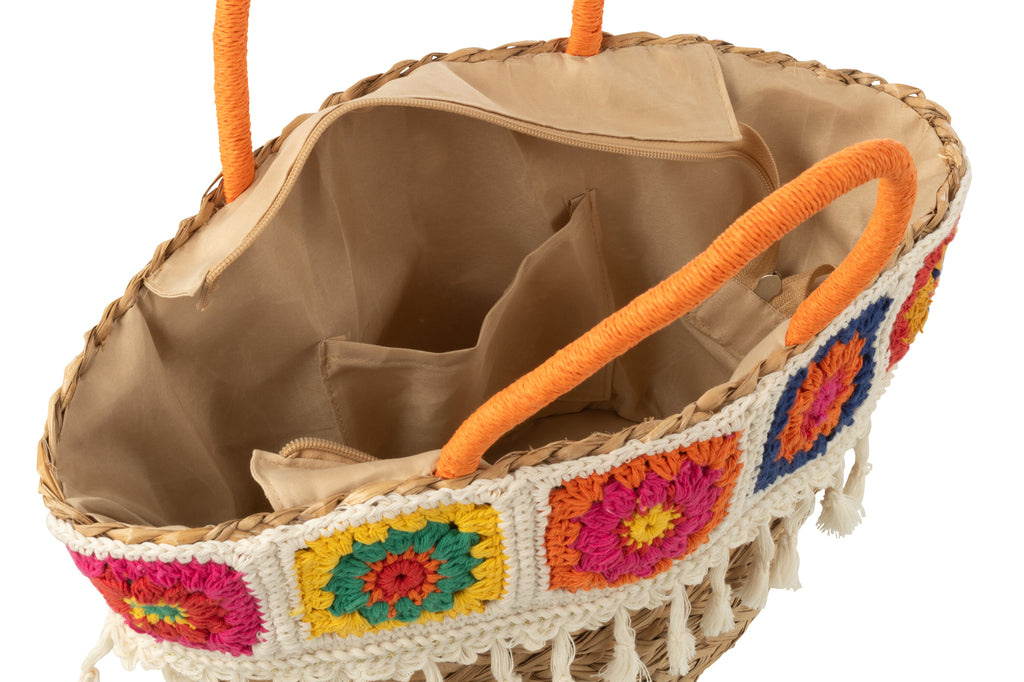 Strandtas Gehaakt + Kwasten Zeegras/Katoen - Tas - J-Line - livinglovely.nl