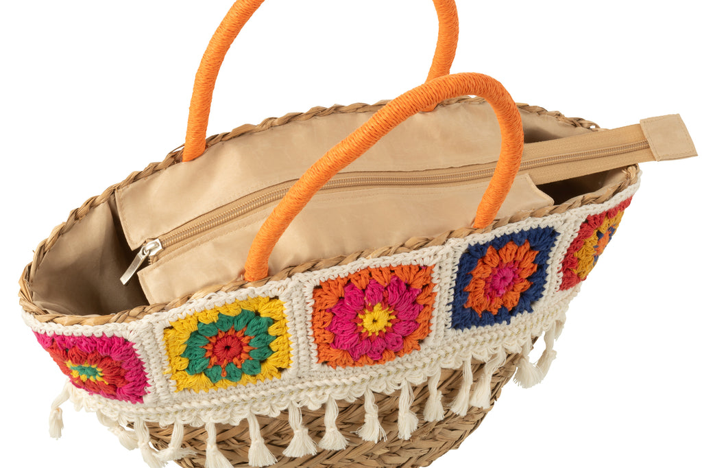 Strandtas Gehaakt + Kwasten Zeegras/Katoen - Tas - J-Line - livinglovely.nl