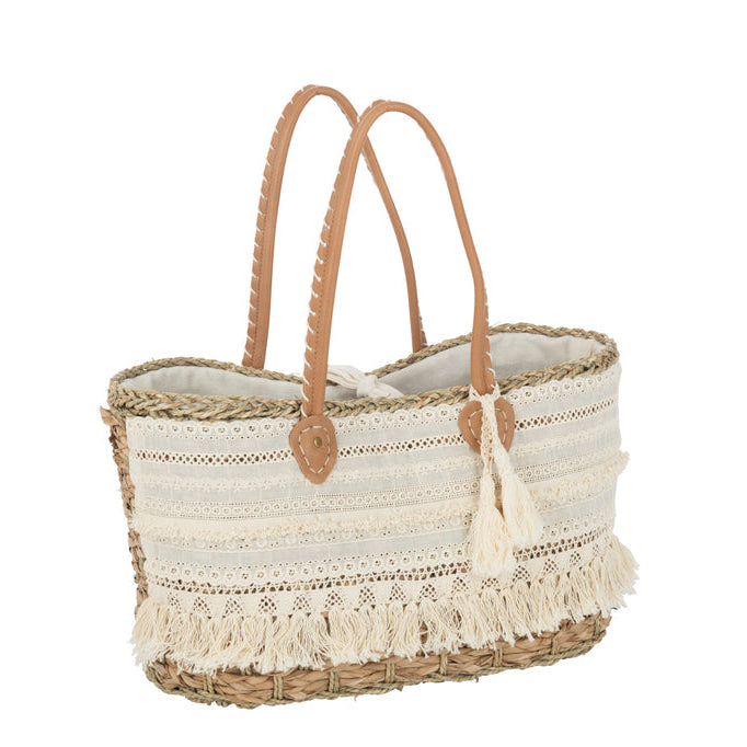 Strandtas Kant + Kwast Jute Naturel/Wit Small - Tas - J-Line - livinglovely.nl