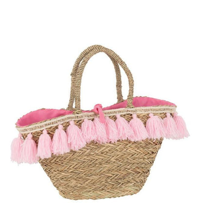 Strandtas Kwasten Jute/Textiel Naturel/Roze - Tas - J-Line - livinglovely.nl