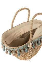 Strandtas Kwastjes Blauw/Beige Riet Naturel - Tas - J-Line - livinglovely.nl