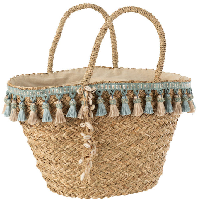 Strandtas Kwastjes Blauw/Beige Riet Naturel - Tas - J-Line - livinglovely.nl