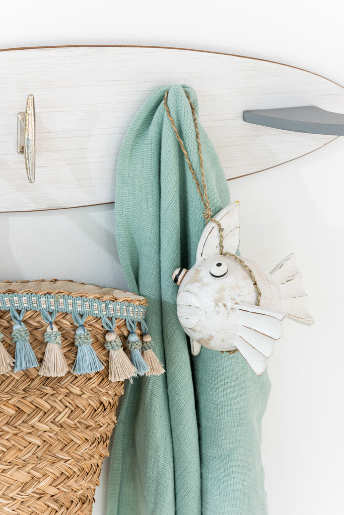 Strandtas Kwastjes Blauw/Beige Riet Naturel - Tas - J-Line - livinglovely.nl