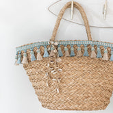 Strandtas Kwastjes Blauw/Beige Riet Naturel - Tas - J-Line - livinglovely.nl
