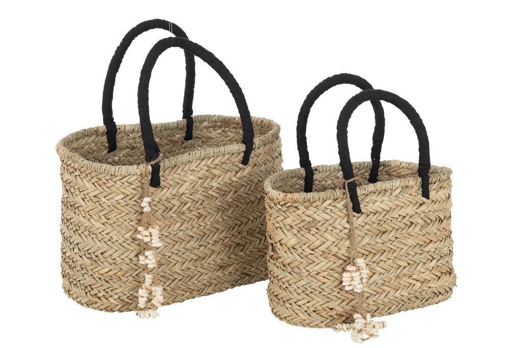 Strandtas Met Schelpen Zwart Handvatten Jute Naturel/Zwart Large - Tas - J-Line - livinglovely.nl