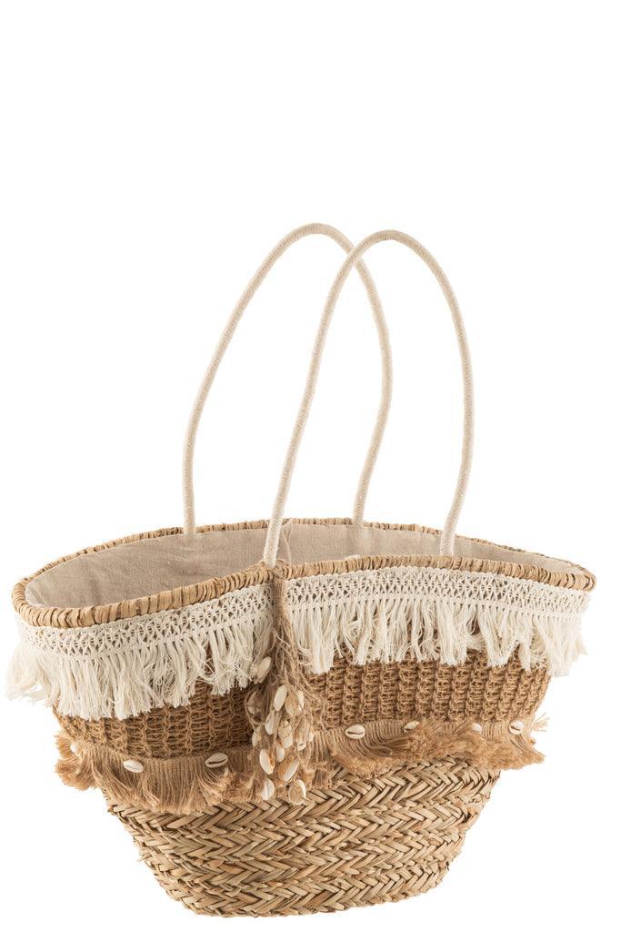Strandtas Riet Kwastjes Jute Naturel/Ecru - Tas - J-Line - livinglovely.nl